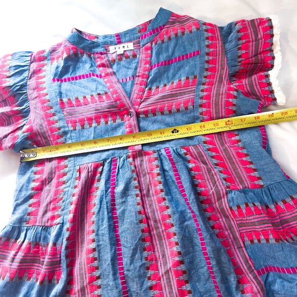 THML Boho Denim Chambray Flutter Sleeve Embroidered Top - Picture 9 of 12